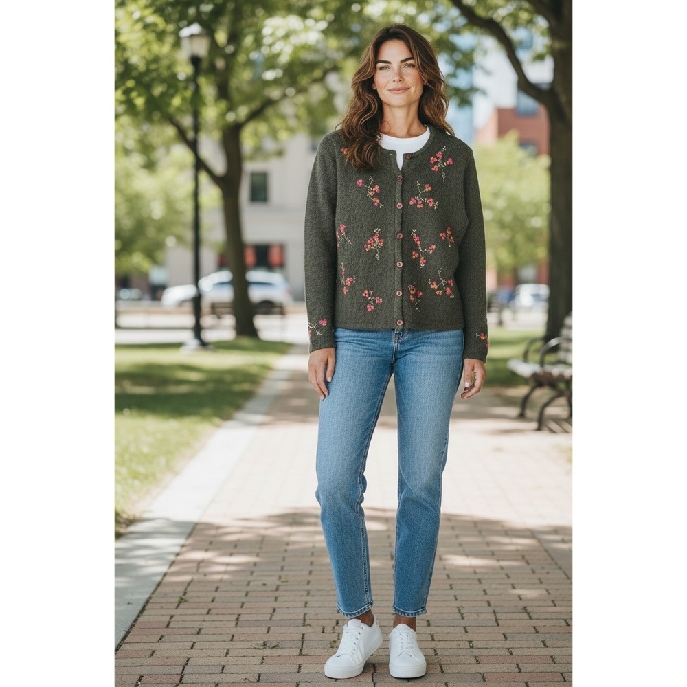 Casual Corner Annex Petite S Olive Green Floral Embroidered Vintage Cardigan